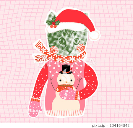 Funny vector cat with ugly Christmas sweater and scarf holding a warm drink, Cute winter halftone collage Funny vector cat with ugly Christmas sweater and scarf holding a warm drink, Cute winter halftone collage 134164842