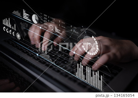 Futuristic Data Analysis Concept with Hands on Keyboard and Interactive Graphics Displaying Statistics, Charts, and Performance Metrics in Dark Setting Scalp Futuristic Data Analysis Concept with Hands on Keyboard and Interactive Graphics Displaying Statistics, Charts, and Performance Metrics in Dark Setting Scalp 134165054