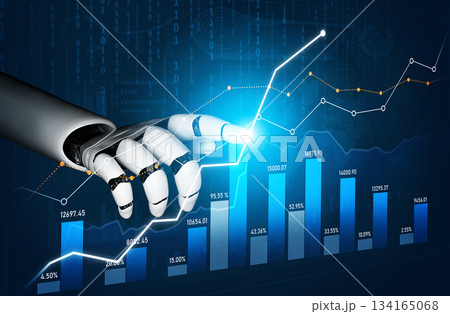 Robotic Hand Interacting with Digital Financial Graphs and Analysis Charts in a Futuristic Business Environment Scalp Robotic Hand Interacting with Digital Financial Graphs and Analysis Charts in a Futuristic Business Environment Scalp 134165068