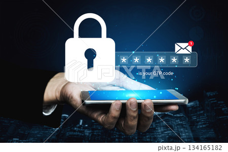 Secure Mobile Authentication Process with Lock Icon and OTP Code Visualization for Digital Safety and Cybersecurity Awareness Gantry 134165182