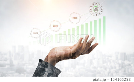 Conceptual graphic representing financial growth towards sustainability, showcasing an upward trend, target years, and environmental goals for net zero impact. Gantry Conceptual graphic representing financial growth towards sustainability, showcasing an upward trend, target years, and environmental goals for net zero impact. Gantry 134165258