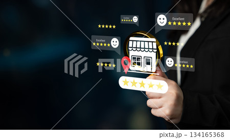 Hand Holding Magnifying Glass Over Shop Icon with Ratings and Reviews Illustrating Customer Feedback on Service Quality Gantry 134165368