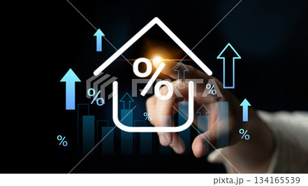 Hand Pointing at Financial Growth Concept with Percentage Symbols and Ascending Graphs Representing Investment and Economic Progress in Dark Background Gantry Hand Pointing at Financial Growth Concept with Percentage Symbols and Ascending Graphs Representing Investment and Economic Progress in Dark Background Gantry 134165539