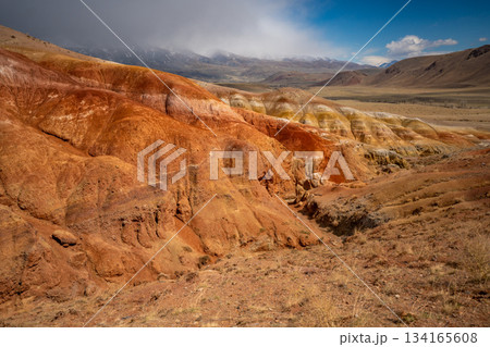 Panoramic view of red and yellow mountains with canyons and gorges at Mars Altai Russia. Popular tourist destination showcasing unique colorful geological formations. Panoramic view of red and yellow mountains with canyons and gorges at Mars Altai Russia. Popular tourist destination showcasing unique colorful geological formations. 134165608