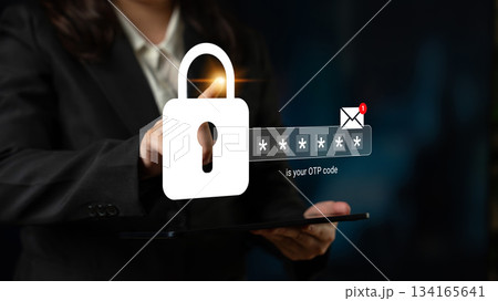 Business person entering OTP code for secure online authentication with digital padlock icon representing privacy and cybersecurity in modern technology Gantry 134165641