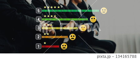 Rating System Graphic with Business Professionals and Feedback Icons Showing Customer Satisfaction Levels For Reviews and Evaluations Trope Rating System Graphic with Business Professionals and Feedback Icons Showing Customer Satisfaction Levels For Reviews and Evaluations Trope 134165788