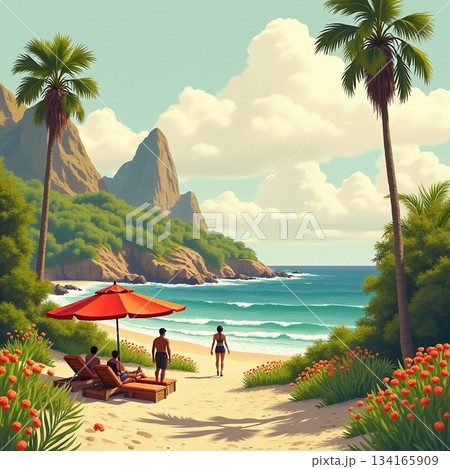 AI generated Remote seaside location featuring lush vegetation and radiant sunshine 134165909