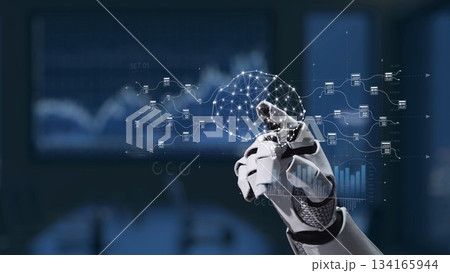 Futuristic robotic hand interacting with digital data visualization technology in a modern office environment showcasing innovation and automation in business Synapse 134165944