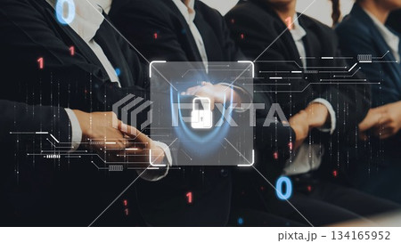 Professional Business Team Engaged in Cybersecurity Discussion with Digital Lock and Data Visualization in Modern Office Environment. Raster Professional Business Team Engaged in Cybersecurity Discussion with Digital Lock and Data Visualization in Modern Office Environment. Raster 134165952