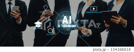 Professional Team Engaged in E-Learning with Technology Focus on Artificial Intelligence, Certificates, and Self-Paced Learning Opportunities Trope 134166018