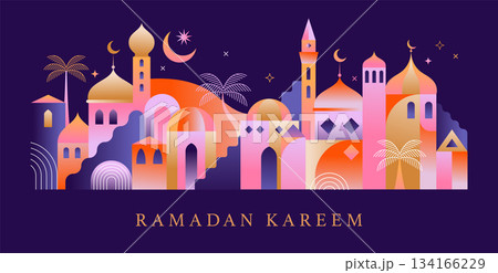 Ramadan Kareem greeting card template and wallpaper design. Modern geometric Islamic city landscape 134166229