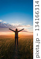 草原で両手を広げて立つ人物 134166314