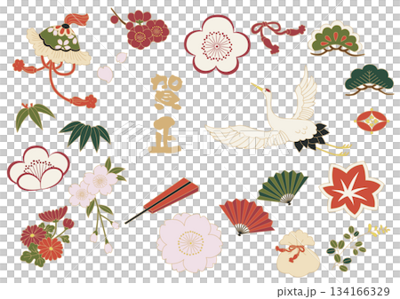 一組可用於製作新年賀卡的日式圖案零件。 134166329