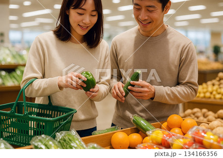 スーパーで食材を選ぶ日本人カップル 134166356