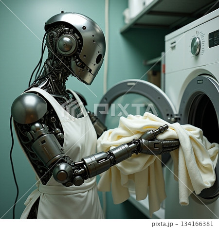 AI generated Modern chrome humanoid efficiently manages laundry with precise cycle 134166381
