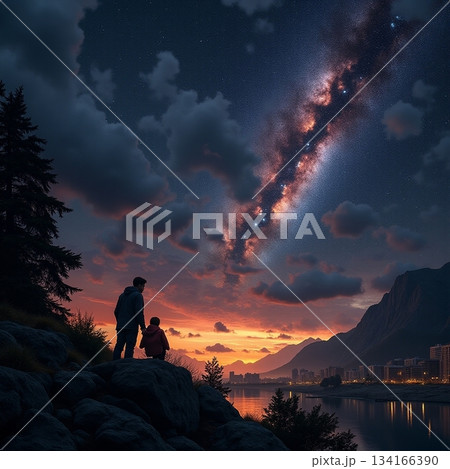 AI generated Quiet figures reflecting peacefully at twilight along luminous mountain lake 134166390