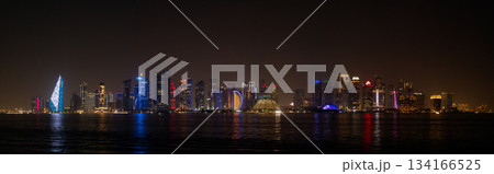 Panoramic view of big city downtown over an ocean galf Panoramic view of big city downtown over an ocean galf 134166525