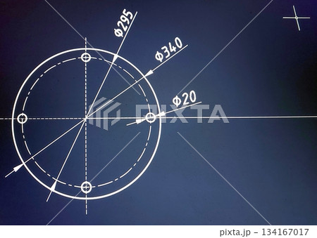 Drawing of a Circle With Measurements and Angles Indicated in a Simple Design on a Dark Background 134167017
