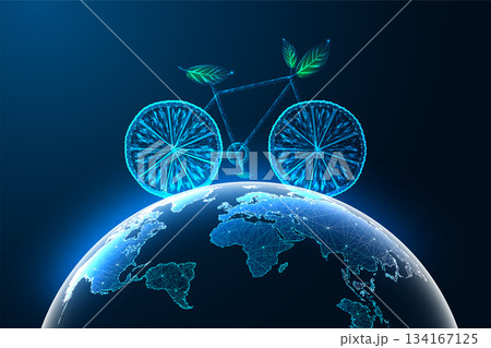 Eco Bicycle on Digital Earth Globe. Sustainable Cycling Green Technology Low Poly Futuristic Vector 134167125