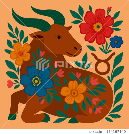 Taurus zodiac sign in boho style. Vector composition surrounded with flowers 134167140