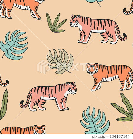 Seamless background with striped tigers among green tropical plants, in minimalist style, flat vector illustration.	 134167144