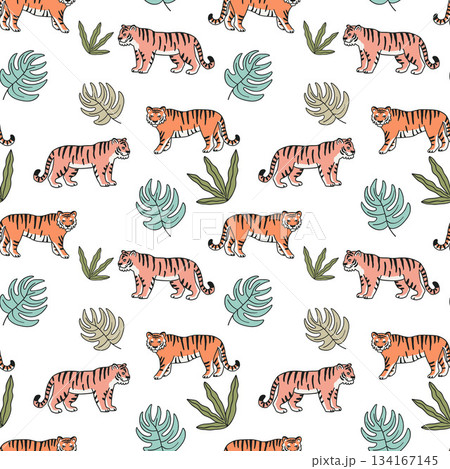 Seamless pattern with tigers among green tropical plants, in minimalist style, flat vector illustration, on white background. Seamless pattern with tigers among green tropical plants, in minimalist style, flat vector illustration, on white background. 134167145