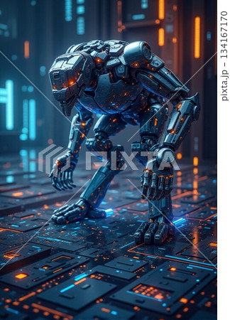 AI generated Robotic predator crouches amidst neon reflections and rain in cyber urban AI generated Robotic predator crouches amidst neon reflections and rain in cyber urban 134167170