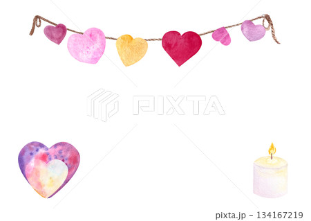 White burning candle with paper hearts hanging on a string watercolor horizontal card isolated on white. Hand painted high quality art. Perfect for posters, St Valentine day, invitations, stickers White burning candle with paper hearts hanging on a string watercolor horizontal card isolated on white. Hand painted high quality art. Perfect for posters, St Valentine day, invitations, stickers 134167219