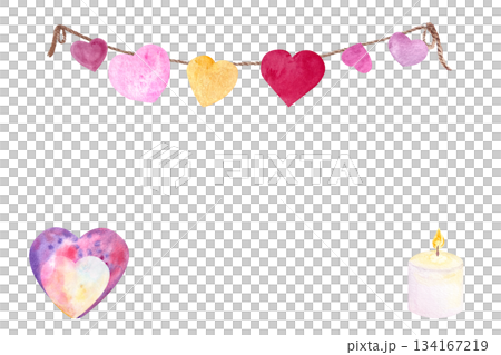 White burning candle with paper hearts hanging on a string watercolor horizontal card isolated on white. Hand painted high quality art. Perfect for posters, St Valentine day, invitations, stickers White burning candle with paper hearts hanging on a string watercolor horizontal card isolated on white. Hand painted high quality art. Perfect for posters, St Valentine day, invitations, stickers 134167219
