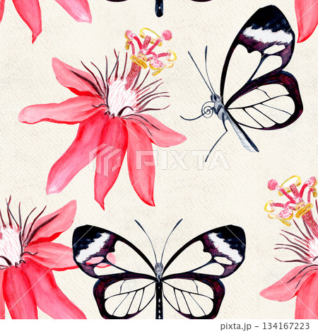 Glasswing butterfly and passionflower blossom elegant watercolor seamless pattern on beige. Hand-painted art perfect for tropical decor, botanical card, eco branding, packaging, or wedding invitations Glasswing butterfly and passionflower blossom elegant watercolor seamless pattern on beige. Hand-painted art perfect for tropical decor, botanical card, eco branding, packaging, or wedding invitations 134167223
