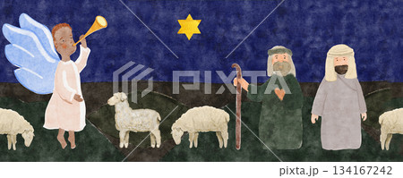 Nativity shepherds, angels, Bethlehem house and sheep. Hand-painted watercolor seamless border on dark background. Perfect for Christmas cards, Sunday school, banners, textile and Christian decor 134167242