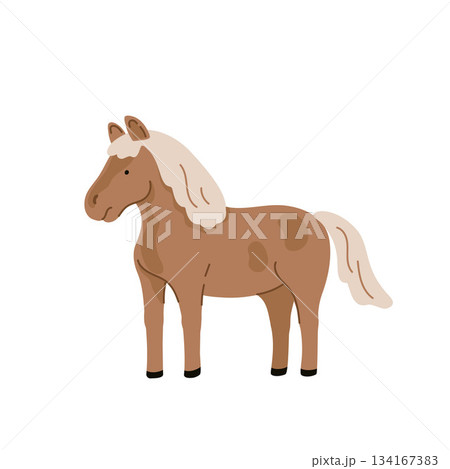 Brown cartoon horse, countryside scene. Flat vector illustration isolated on white background	 134167383