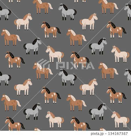 Seamless pattern with horses. Flat vector illustration on gray background	 134167387