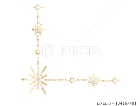Golden corner border with snowflakes and bright stars. Stylish straight Christmas ornament for greeting cards, winter compositions, seasonal decoration and elegant layouts. Vector design. 134167481
