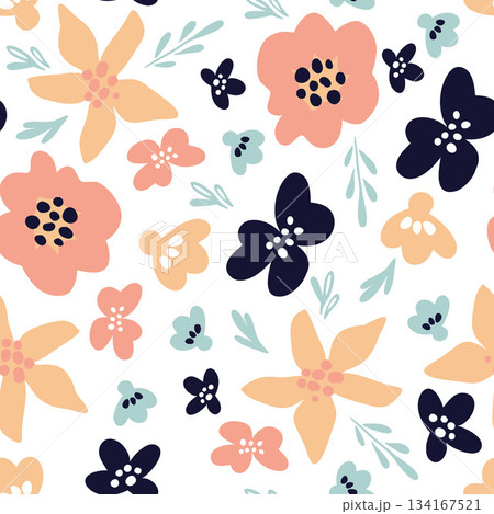 Seamless trendy botanical pattern with delicate abstract flowers, on a white background. Flat vector illustration	 134167521