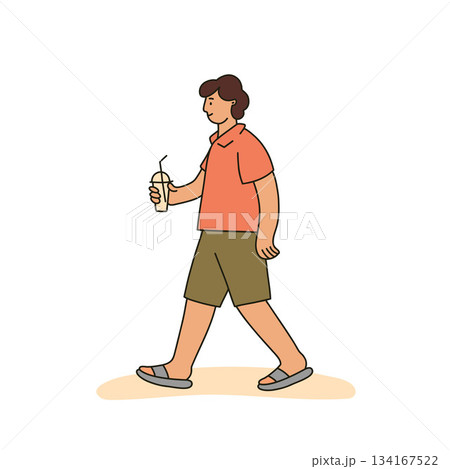 A young man in summer fashionable clothes is walking and holding a cooling drink. Flat vector illustration on white background	 134167522