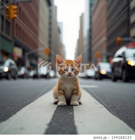 AI generated Vivid morning view showcases playful kitten navigating urban environment 134168133