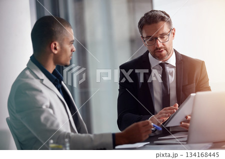 Business men, manager and tablet for advice, planning and negotiation in meeting, management and corporate discussion. Professional people, partner or boss talking and analysis on digital technology Business men, manager and tablet for advice, planning and negotiation in meeting, management and corporate discussion. Professional people, partner or boss talking and analysis on digital technology 134168445