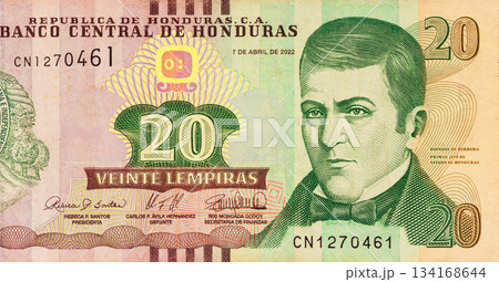 Honduran currency, cash banknote of 20 lempiras denomination issued by Banco Central De Honduras. Honduran currency, cash banknote of 20 lempiras denomination issued by Banco Central De Honduras. 134168644