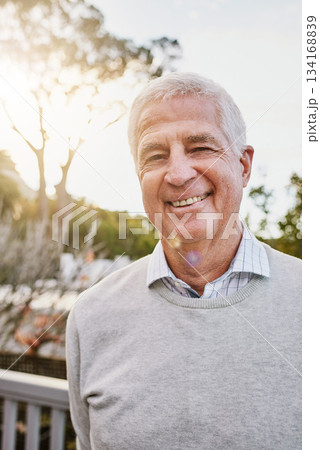 Portrait, old man and smile face or happy retirement and enjoying Sweden outdoors. Senior person, perfect teeth and freedom for country life or pension and vacation or at the park and outside Portrait, old man and smile face or happy retirement and enjoying Sweden outdoors. Senior person, perfect teeth and freedom for country life or pension and vacation or at the park and outside 134168839