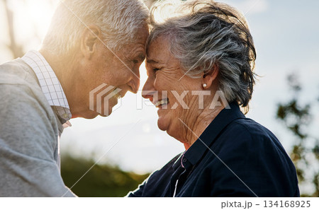 Love, nature and senior couple intimate or face together and outdoors or happy in retirement. Mature, man and woman forehead smile in vacation or senior citizens care and embrace date at the park. Love, nature and senior couple intimate or face together and outdoors or happy in retirement. Mature, man and woman forehead smile in vacation or senior citizens care and embrace date at the park. 134168925