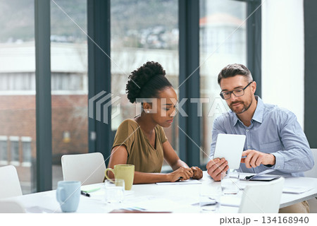 Teamwork, ideas and employees with a tablet, brainstorming and online reading with social media. Staff, black woman or man with technology, email and meeting with collaboration, talking or innovation 134168940