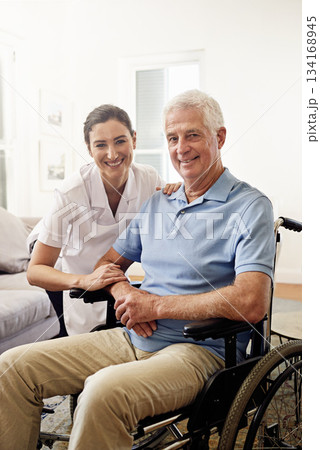 Portrait, nurse and man with disability in wheelchair for medical trust, wellness and support in nursing home. Happy caregiver helping senior patient with chronic health condition in rehabilitation 134168945