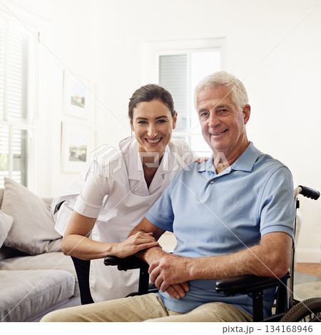Portrait, caregiver and senior man in wheelchair for medical disability, wellness or support in nursing home. Happy nurse helping disabled patient, elderly and healthcare empathy for rehabilitation Portrait, caregiver and senior man in wheelchair for medical disability, wellness or support in nursing home. Happy nurse helping disabled patient, elderly and healthcare empathy for rehabilitation 134168946