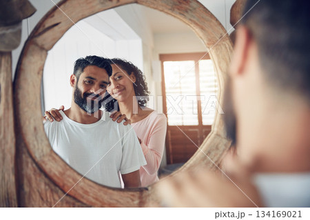 Smile, reflection and morning with couple in mirror for wake up, support and love. Happy, commitment and happiness with man and woman bonding at home for motivation, helping and care together 134169021