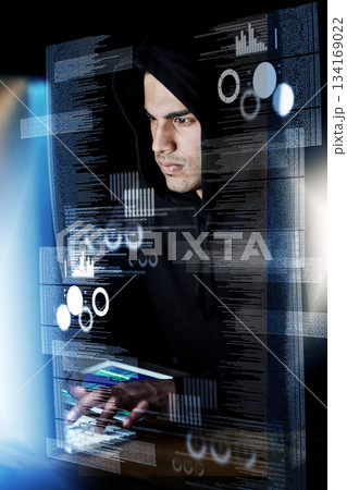 Computer, digital overlay and man, hacker or programmer for night hacking, programming or fintech app crime. Software coding, information technology and focus person in hoodie for cybersecurity fraud 134169022