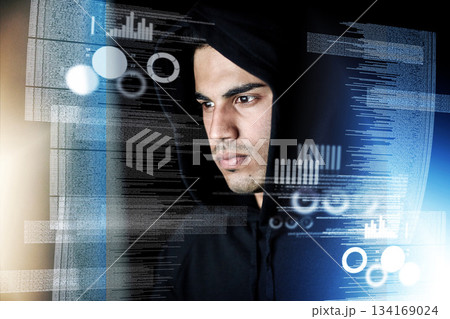 Data analysis, digital overlay and man, hacker or programmer in night hacking, programming or fintech crime. Software coding, information technology and focus person in hoodie for cybersecurity fraud 134169024