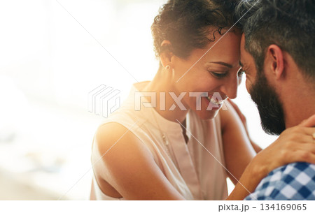 Love, hug and face of couple with lens flare for commitment, embrace and trust outdoors. Marriage, mockup space and happy man and woman smile for romance on holiday, vacation and happiness together Love, hug and face of couple with lens flare for commitment, embrace and trust outdoors. Marriage, mockup space and happy man and woman smile for romance on holiday, vacation and happiness together 134169065