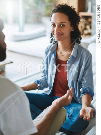 Couple, meditation and portrait smile of woman in spiritual wellness, fitness or zen workout together at home. Happy female yogi in relax, meditate or yoga on living room sofa for peaceful mind 134169069