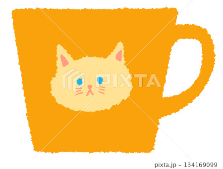 平面的でシンプルな猫がプリントされた黄色のマグカップのイラスト素材 134169099
